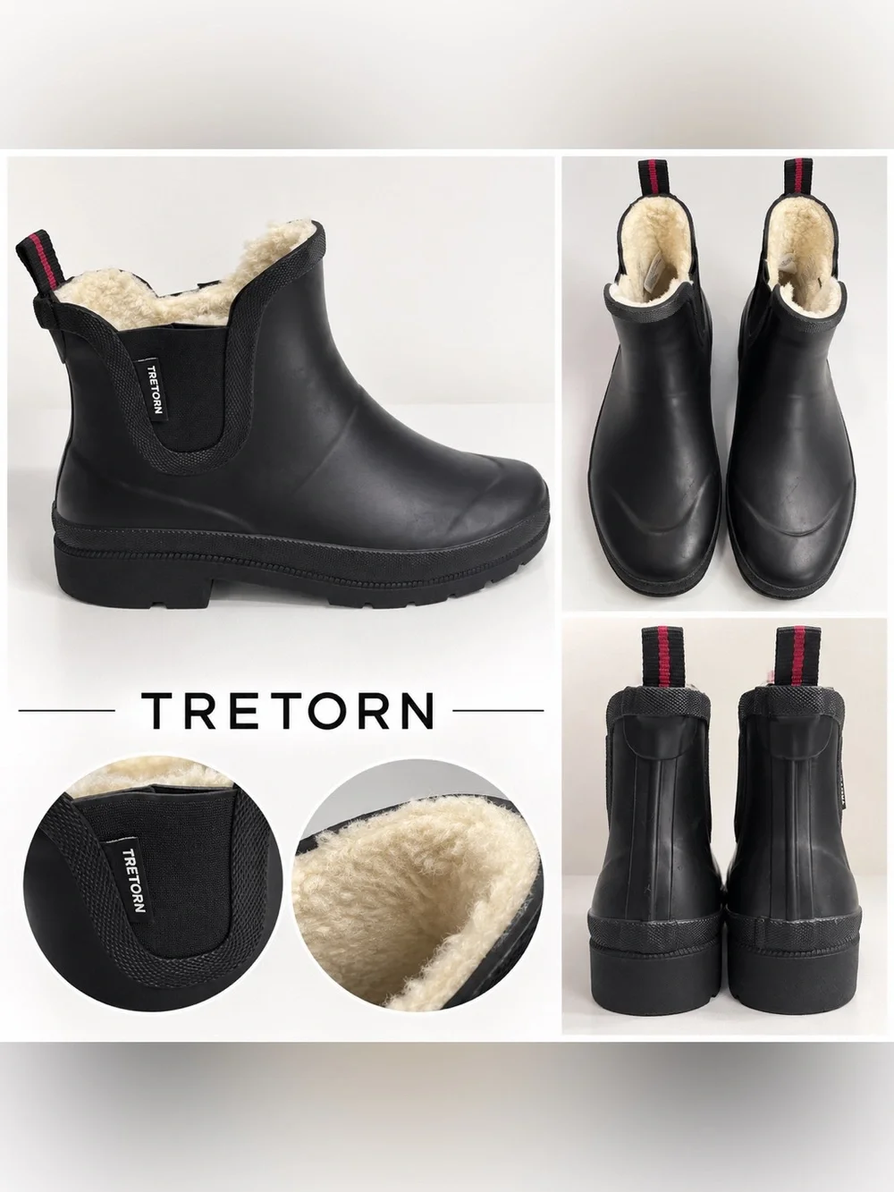 Tretorn Black Winter Rain Chelsea Boots with Cream Shearling Lining